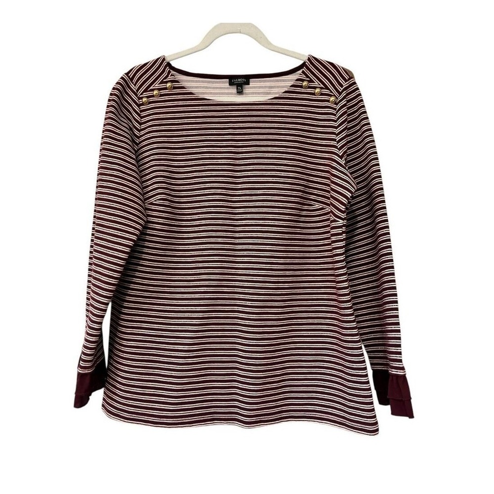 Talbots Womens Nautical Stripe Top Gold Buttons Ruffle Cuff 1XP Burgundy Knit